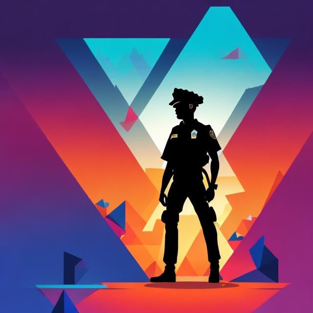 Prompt: Full color illustration, a silhouette of a police officer on a street corner, full body, sharp lighting, highest quality, ultra sharp, ffffound, ultra detailed, magical universe, Dynamic pose, bright and uplifting color hues, misc-geometric