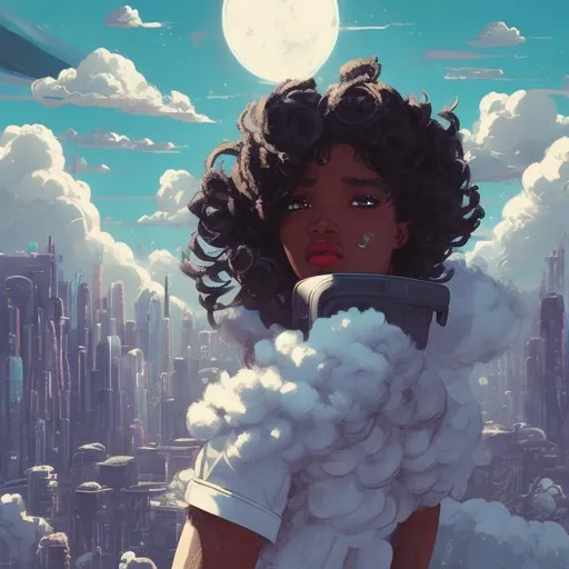 Prompt: Ebony female angel, fluffy clouds, retro-futurism city skyline, Comic style, misc-grunge, heavily detailed, unique universe, concept art, primary color hues, magical world, bright uplifting tones, dynamic lighting, professional, highres, ultra-detailed, retro-futurism, comic style, dynamic lighting, unique concept, misc-grunge, detailed feathers, atmospheric clouds, urban setting