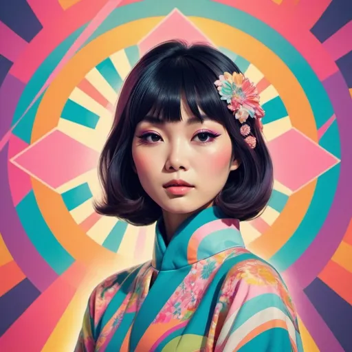Prompt: Full color illustration, A japanese woman with a high fashion look in the style of 60s kitsch and psychedelia, sharp lighting, highest quality, ultra sharp, ffffound, ultra detailed, magical universe, Dynamic pose, bright and uplifting color hues, misc-geometric