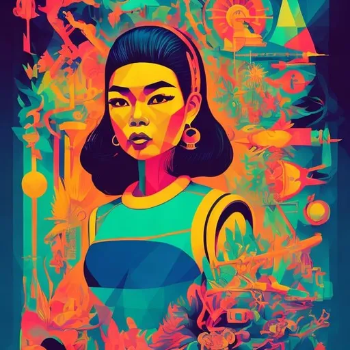 Prompt: Full color illustration, A filipino female surgeon, in the style of 60s kitsch and psychedelia, sharp lighting, highest quality, ultra sharp, ffffound, ultra detailed, magical universe, Dynamic pose, bright and uplifting color hues, misc-geometric