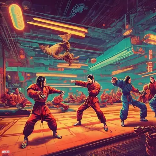 Prompt: Retro futurism styled kung fu tournament, retro-futurism world, Comic style, misc-grunge, heavily detailed, unique universe, concept art, primary color hues, magical world, bright uplifting tones, dynamic lighting, professional, highres, ultra-detailed, retro-futurism, comic style, dynamic lighting, unique concept, misc-grunge, detailed feathers, atmospheric clouds, urban setting