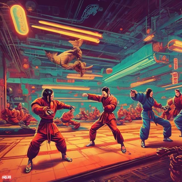 Prompt: Retro futurism styled kung fu tournament, retro-futurism world, Comic style, misc-grunge, heavily detailed, unique universe, concept art, primary color hues, magical world, bright uplifting tones, dynamic lighting, professional, highres, ultra-detailed, retro-futurism, comic style, dynamic lighting, unique concept, misc-grunge, detailed feathers, atmospheric clouds, urban setting