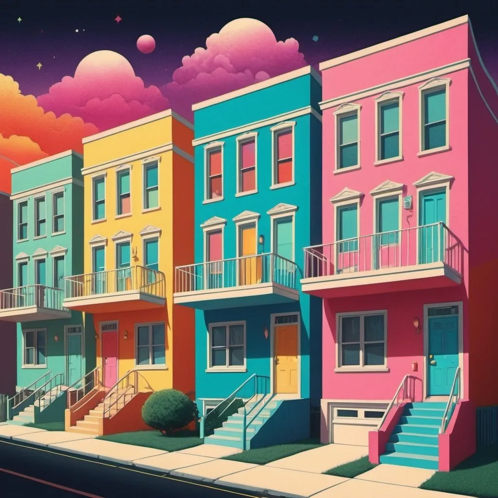 Prompt: Full color illustration, a row home, in the style of 60s kitsch and psychedelia, sharp lighting, highest quality, ultra sharp, ffffound, ultra detailed, magical universe, Dynamic pose, bright and uplifting color hues, misc-geometric