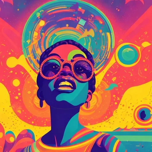 Prompt: Full color illustration, A black woman with nerdy sun glasses, in the style of 60s kitsch and psychedelia, dancing sharp lighting, highest quality, ultra sharp, ffffound, ultra detailed, magical universe, Dynamic pose, bright and uplifting color hues, misc-geometric