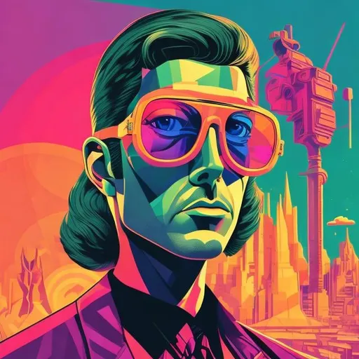 Prompt: Full color illustration, a government agent with sunglasses being nosy, in the style of 60s kitsch and psychedelia, sharp lighting, highest quality, ultra sharp, ffffound, ultra detailed, magical universe, Dynamic pose, bright and uplifting color hues, misc-geometric