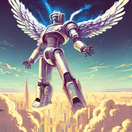 Prompt: Retro futurism styled robot angel, fluffy clouds, retro-futurism city skyline, Comic style, misc-grunge, heavily detailed, unique universe, concept art, primary color hues, magical world, bright uplifting tones, dynamic lighting, professional, highres, ultra-detailed, retro-futurism, comic style, dynamic lighting, unique concept, misc-grunge, detailed feathers, atmospheric clouds, urban setting