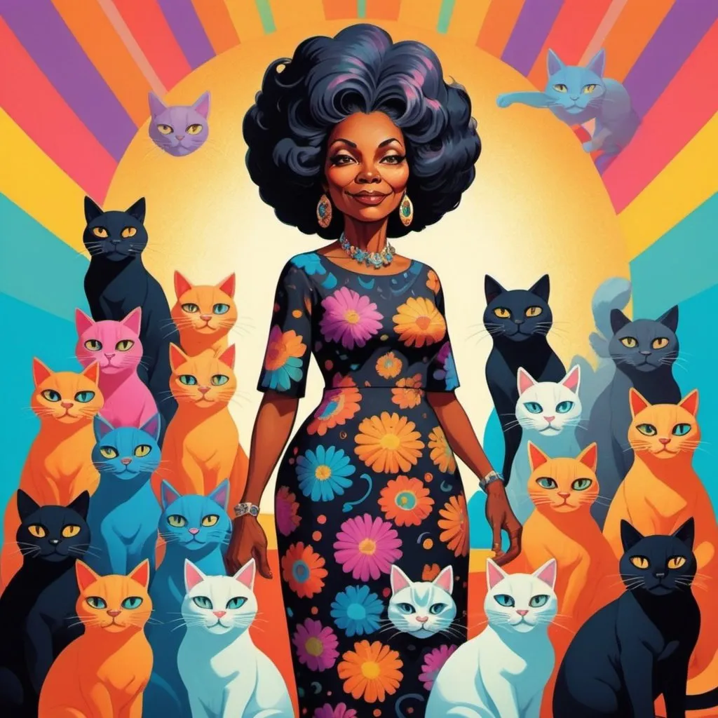 Prompt: Full color illustration, an older black woman with a bunch of cats, in the style of 60s kitsch and psychedelia, full body sharp lighting, highest quality, ultra sharp, ffffound, ultra detailed, magical universe, Dynamic pose, bright and uplifting color hues, misc-geometric