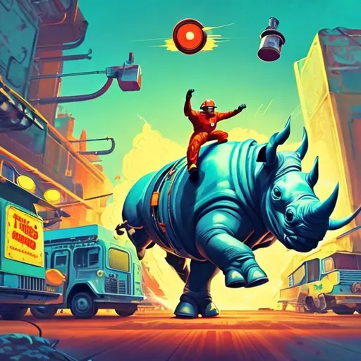 Prompt: retro futurism styled factory worker riding a rhino charging through a food truck, flying food, dynamic pose, Comic style, heavily detailed, concept art, unique universe, Primary color hues, magical world, bright uplifting tones, dynamic lighting, 
