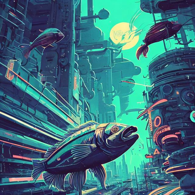 Prompt: Retro futurism styled fish, Comic style, misc-grunge, heavily detailed, unique universe, concept art, neon color hues, magical world, bright uplifting tones, dynamic lighting, professional, highres, ultra-detailed, retro-futurism, comic style, dynamic lighting, unique concept, misc-grunge, detailed feathers, atmospheric clouds, urban setting