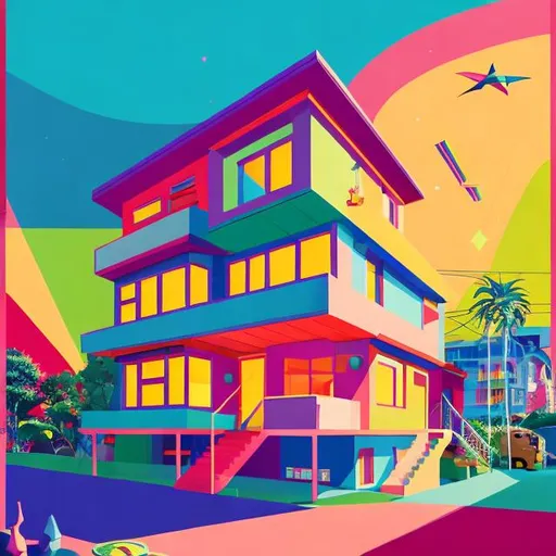 Prompt: Full color illustration, a two story house in a suburb, in the style of 60s kitsch and psychedelia, sharp lighting, highest quality, ultra sharp, ffffound, ultra detailed, magical universe, Dynamic pose, bright and uplifting color hues, misc-geometric