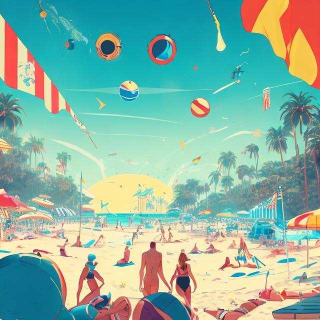 Prompt: a retro futurism beach filled with beach goers, flags flying in the distance, a volleyball, Comic style, heavily detailed, concept art, unique universe, Primary color hues, magical world, dynamic figures, bright uplifting tones, dynamic lighting, geometric shapes
