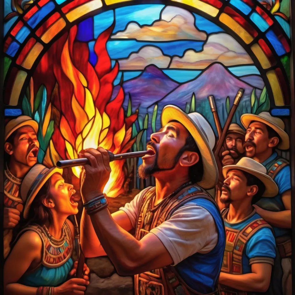 Prompt: Monet style painting of an aztec resident shooting fire from their mouth, villagers gather around it, dynamic pose, ultra detailed, magical world, primary color hues, bright uplifting tones, dynamic lighting, misc-nostalgic, monet styled, fluffy clouds, professional, ultra detailed