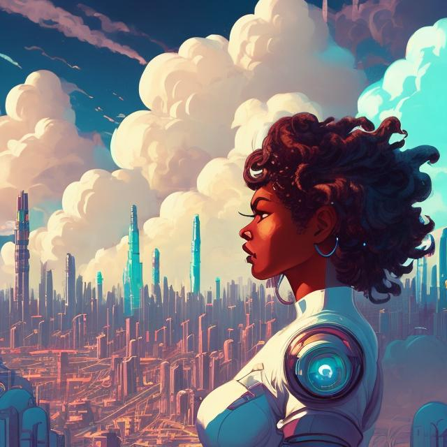 Prompt: an ebony female angel with fluffy clouds in a retro futurism styled city skyline, Comic style, retro futurism, heavily detailed, concept art, unique universe, primary color hues, magical world, bright uplifting tones, dynamic lighting,

