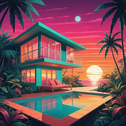 Prompt: Full color illustration, a tropical private bungalow with an exotic sunset, in the style of 60s kitsch and psychedelia, sharp lighting, highest quality, ultra sharp, ffffound, ultra detailed, magical universe, Dynamic pose, bright and uplifting color hues, misc-geometric