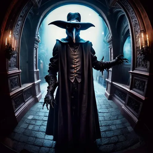 Prompt: Leather covered plague doctor being seen through a fish eye lens, dynamic pose, misc-goth, very detailed, elegant, ornate, ultra detailed, misc-grunge,  32k, fantasy art, Still-Life, Warm Color Palette,  Glowing, Rays of Shimmering Light, Moody Lighting