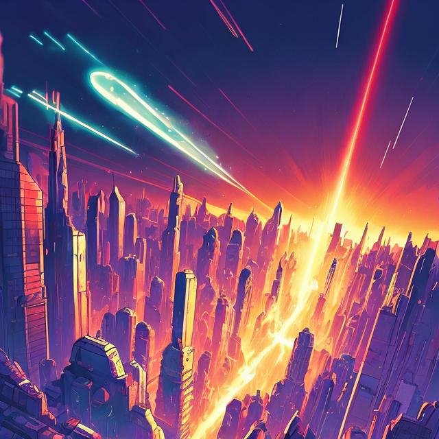 Prompt: a meteor lighting bolt flashing in a retro futurism styled city skyline, dynamic pose, Comic style, heavily detailed, concept art, unique universe, Primary color hues, magical world, bright uplifting tones, dynamic lighting,

