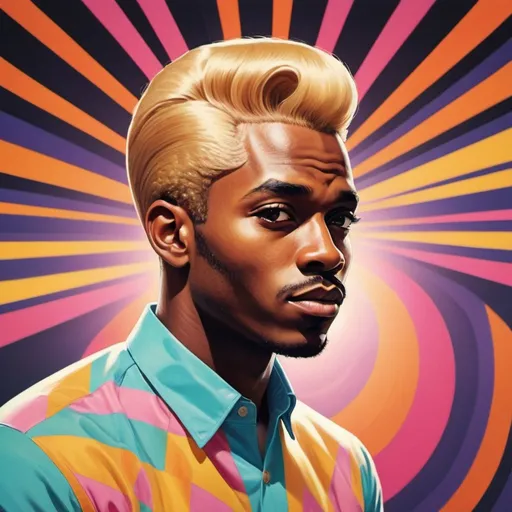 Prompt: Full color illustration, A black man with blonde well groomed hair, in the style of 60s kitsch and psychedelia, sharp lighting, highest quality, ultra sharp, ffffound, ultra detailed, magical universe, Dynamic pose, bright and uplifting color hues, misc-geometric