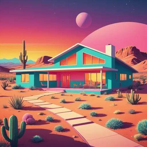Prompt: Full color illustration, a family home on a ranch in the desert, in the style of 60s kitsch and psychedelia, sharp lighting, highest quality, ultra sharp, ffffound, ultra detailed, magical universe, Dynamic pose, bright and uplifting color hues, misc-geometric