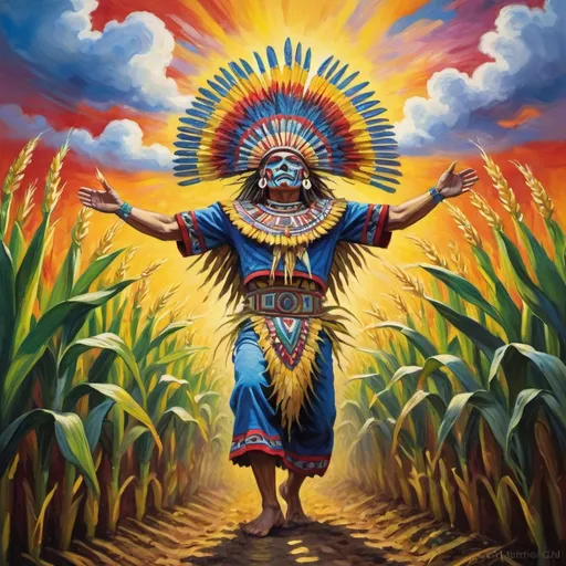 Prompt: Monet-style painting of a dynamic aztec sacred spirit coming out of a corn field, dynamic pose, magical world, bright and uplifting primary color hues, fluffy clouds, dynamic lighting, ultra-detailed, professional, misc-nostalgic, Monet-styled