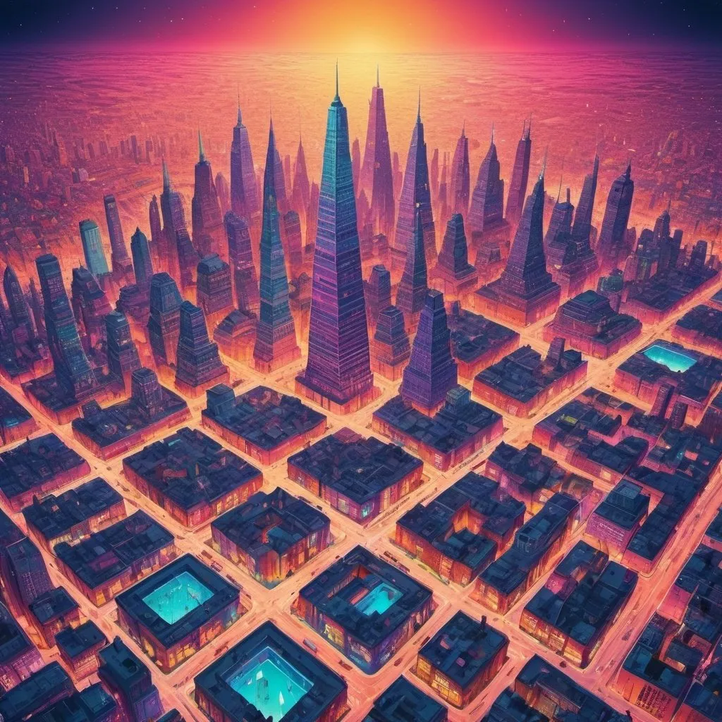 Prompt: Full color illustration, a mega city from an aerial view, in the style of 60s kitsch and psychedelia, sharp lighting, highest quality, ultra sharp, ffffound, ultra detailed, magical universe, Dynamic pose, bright and uplifting color hues, misc-geometric