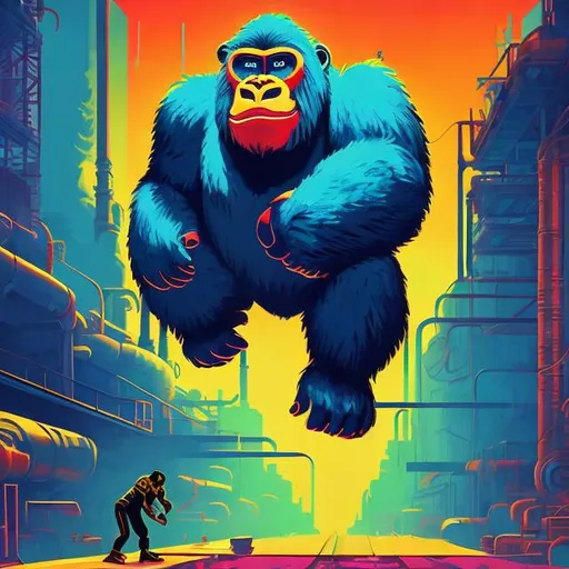 Prompt: retro futurism styled gorilla leaping above a factory worker on the sidewalk, dynamic pose, Comic style, heavily detailed, concept art, unique universe, Primary color hues, magical world, bright uplifting tones, dynamic lighting, 
