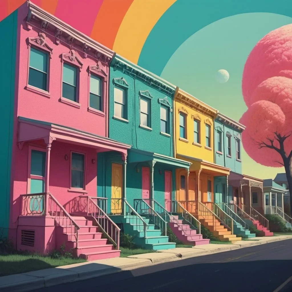 Prompt: Full color illustration, a row home, in the style of 60s kitsch and psychedelia, sharp lighting, highest quality, ultra sharp, ffffound, ultra detailed, magical universe, Dynamic pose, bright and uplifting color hues, misc-geometric