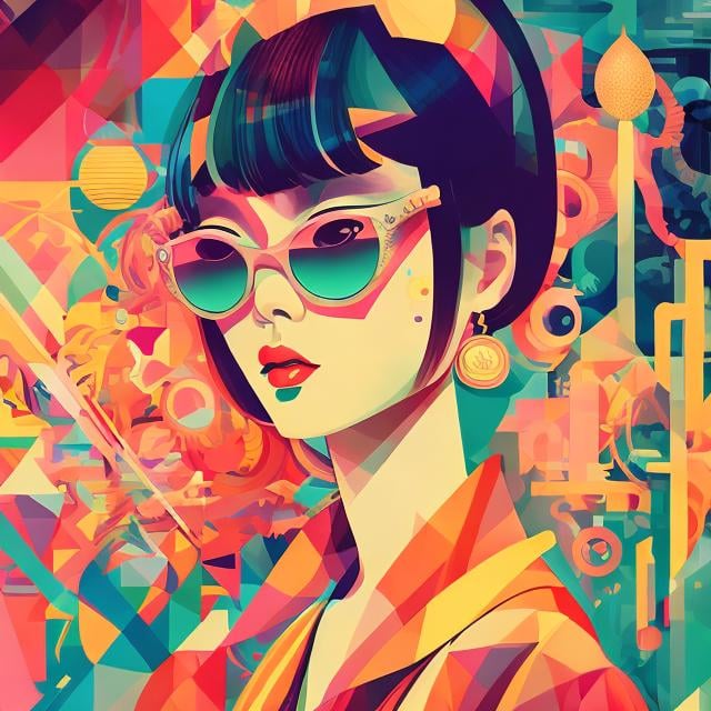 Prompt: Full color illustration, A japanese woman with a high fashion look in the style of 60s kitsch and psychedelia, sharp lighting, highest quality, ultra sharp, ffffound, ultra detailed, magical universe, Dynamic pose, bright and uplifting color hues, misc-geometric