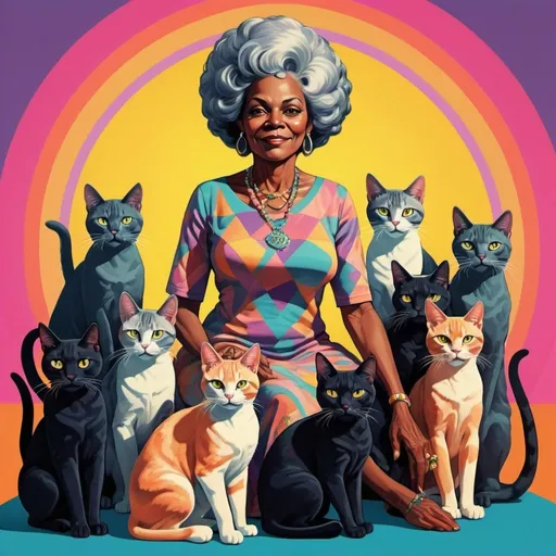 Prompt: Full color illustration, an older black woman with a bunch of cats, in the style of 60s kitsch and psychedelia, full body sharp lighting, highest quality, ultra sharp, ffffound, ultra detailed, magical universe, Dynamic pose, bright and uplifting color hues, misc-geometric