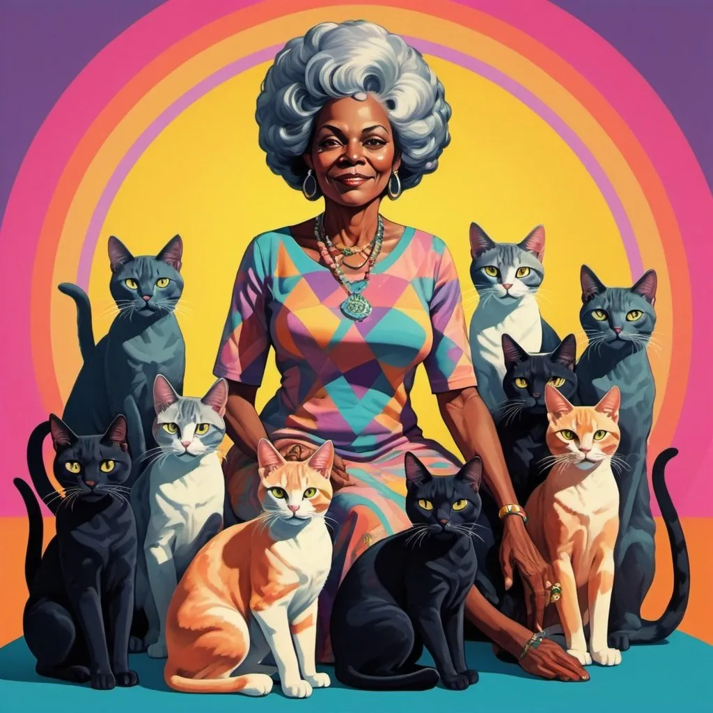 Prompt: Full color illustration, an older black woman with a bunch of cats, in the style of 60s kitsch and psychedelia, full body sharp lighting, highest quality, ultra sharp, ffffound, ultra detailed, magical universe, Dynamic pose, bright and uplifting color hues, misc-geometric