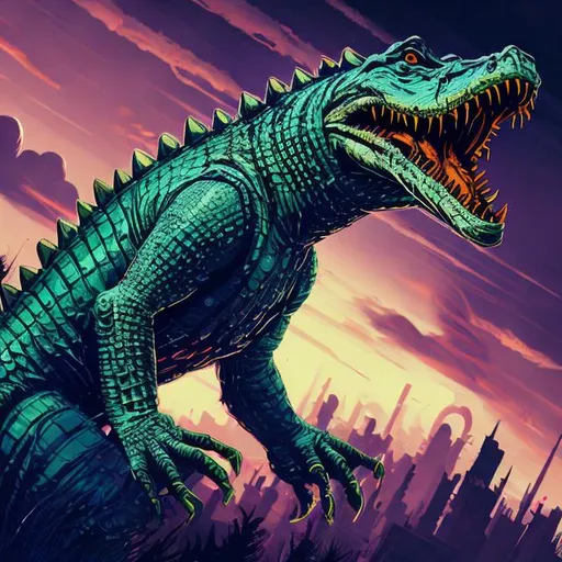 Prompt: Retro futurism styled Zombie transforming into a alligator, misc-gothic, heavily detailed, unique universe, concept art, primary color hues, magical world, bright uplifting tones, dynamic lighting, professional, highres, ultra-detailed, retro-futurism, comic style, dynamic lighting, unique concept, misc-grunge, detailed feathers, atmospheric clouds, urban setting
