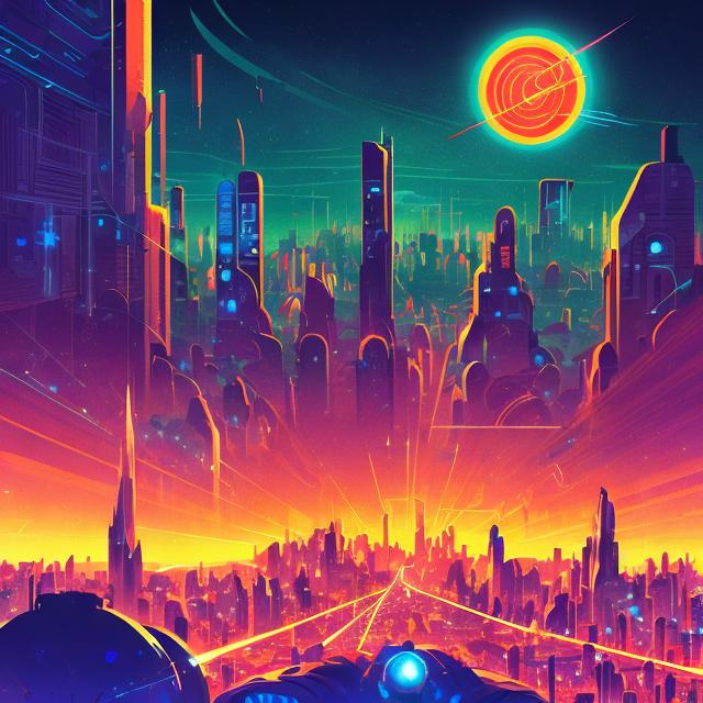 Prompt: retro futurism styled city skyline with a meteor lighting up the sky, dynamic pose, Comic style, heavily detailed, concept art, unique universe, Primary color hues, magical world, bright uplifting tones, dynamic lighting, snowing heavily
