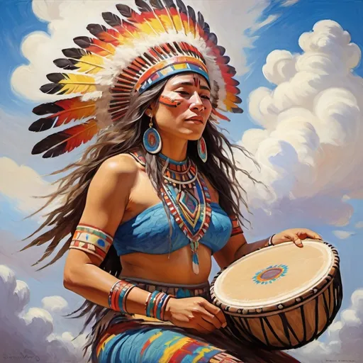 Prompt: Monet-style painting of a dynamic aztec female sacred spirit playing a hand drum, dynamic pose, magical world, bright and uplifting primary color hues, fluffy clouds, dynamic lighting, ultra-detailed, professional, misc-nostalgic, Monet-styled