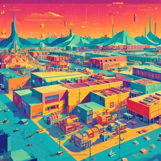 Prompt: Full color illustration, a warehouse from an aerial view, in the style of 60s kitsch and psychedelia, sharp lighting, highest quality, ultra sharp, ffffound, ultra detailed, magical universe, Dynamic pose, bright and uplifting color hues, misc-geometric