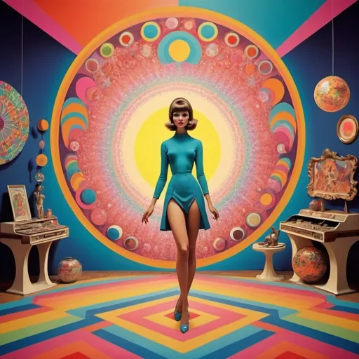 Prompt: Full color illustration, A french art dealer, style of 60s kitsch and psychedelia, full body, sharp lighting, highest quality, ultra sharp, ffffound, ultra detailed, magical universe, Dynamic pose, bright and uplifting color hues, misc-geometric