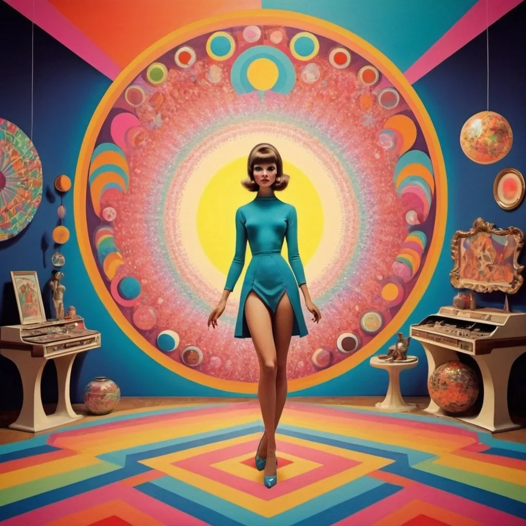 Prompt: Full color illustration, A french art dealer, style of 60s kitsch and psychedelia, full body, sharp lighting, highest quality, ultra sharp, ffffound, ultra detailed, magical universe, Dynamic pose, bright and uplifting color hues, misc-geometric