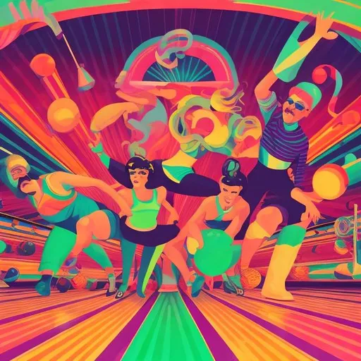 Prompt: Full color illustration, A group of people in a bowling alley in the style of 60s kitsch and psychedelia, sharp lighting, highest quality, ultra sharp, ffffound, ultra detailed, magical universe, Dynamic pose, bright and uplifting color hues, misc-geometric