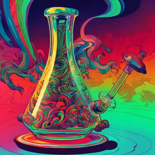 Prompt: Full color illustration, a psychedelic glass bong, in the style of 60s kitsch and psychedelia, full body, sharp lighting, highest quality, ultra sharp, ffffound, ultra detailed, magical universe, Dynamic pose, bright and uplifting color hues, misc-geometric