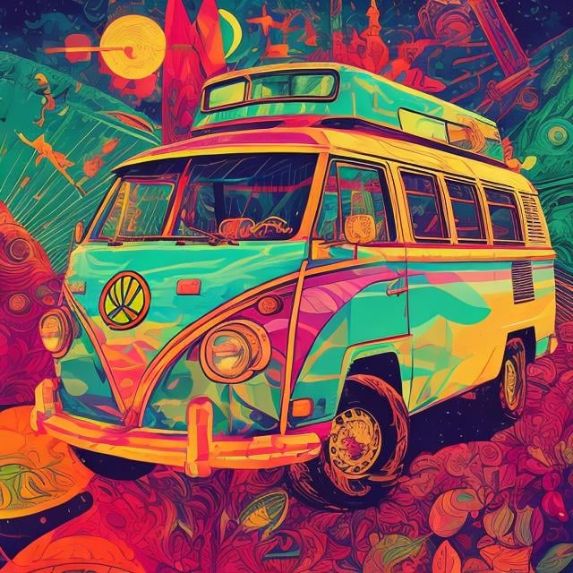 Prompt: Full color illustration, a hippie van, in the style of 60s kitsch and psychedelia, sharp lighting, highest quality, ultra sharp, ffffound, ultra detailed, magical universe, Dynamic pose, bright and uplifting color hues, misc-geometric