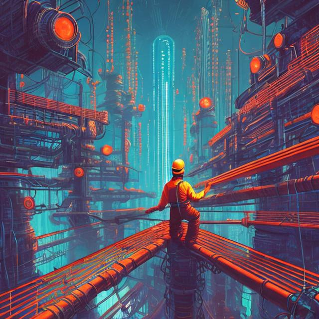 Prompt: retro futurism factory worker climbing halfway up a giant ladder surrounded by blinking lights from futuristic computers, Comic style, heavily detailed, concept art, unique universe, Primary color hues, magical world, city skyline, bright uplifting tones, dynamic lighting