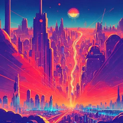 Prompt: retro futurism styled city skyline with a meteor lighting up the sky, dynamic pose, Comic style, heavily detailed, concept art, unique universe, Primary color hues, magical world, bright uplifting tones, dynamic lighting, snowing heavily
