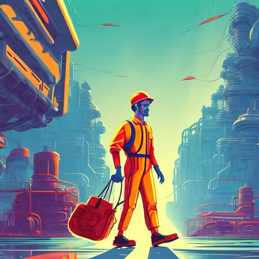 Prompt: retro futurism factory worker leaving towards a beach in style, Comic style, heavily detailed, concept art, unique universe, Primary color hues, magical world, well groomed hair, bright uplifting tones, dynamic lighting
