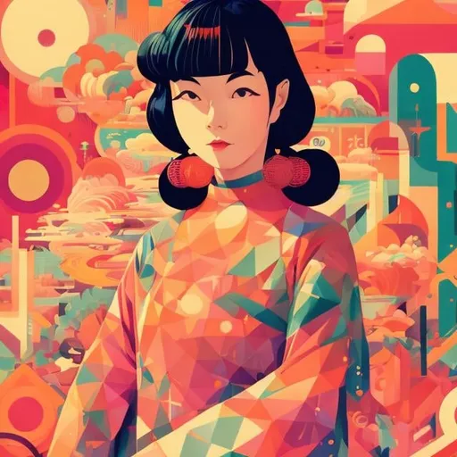 Prompt: Full color illustration, A robust japanese woman in the style of 60s kitsch and psychedelia, sharp lighting, highest quality, ultra sharp, ffffound, ultra detailed, magical universe, Dynamic pose, bright and uplifting color hues, misc-geometric