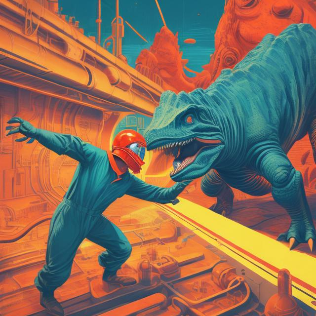 Prompt: retro futurism styled factory worker reaching out to a dinosaur in a submarine, dynamic pose, Comic style, heavily detailed, concept art, unique universe, Primary color hues, magical world, bright uplifting tones, dynamic lighting