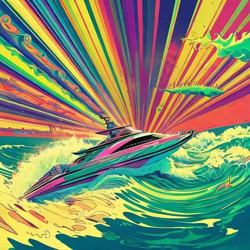 Prompt: Full color illustration, a speed boat splashing a psychedelic wave, in the style of 60s kitsch and psychedelia, sharp lighting, highest quality, ultra sharp, ffffound, ultra detailed, magical universe, Dynamic pose, bright and uplifting color hues, misc-geometric
