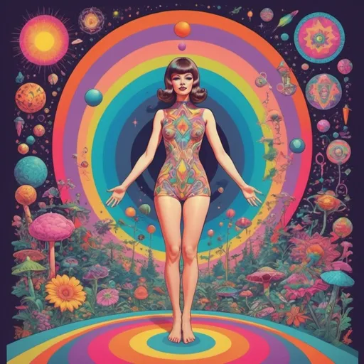 Prompt: Full color illustration, Tabs of LSD, in the style of 60s kitsch and psychedelia, full body, sharp lighting, highest quality, ultra sharp, ffffound, ultra detailed, magical universe, Dynamic pose, bright and uplifting color hues, misc-geometric
