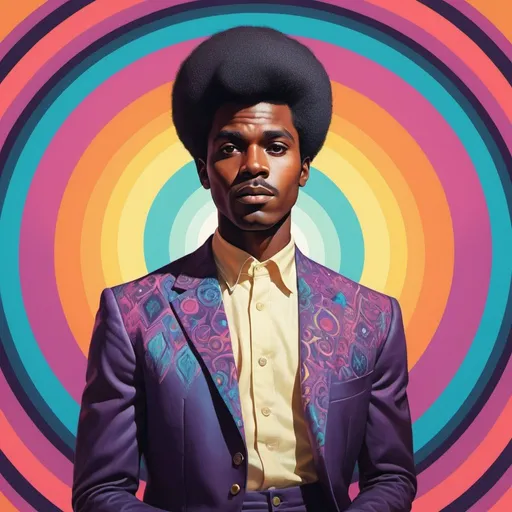 Prompt: Full color illustration, A black man with well groomed hair, in the style of 60s kitsch and psychedelia, sharp lighting, full body, highest quality, ultra sharp, ffffound, ultra detailed, magical universe, Dynamic pose, bright and uplifting color hues, misc-geometric