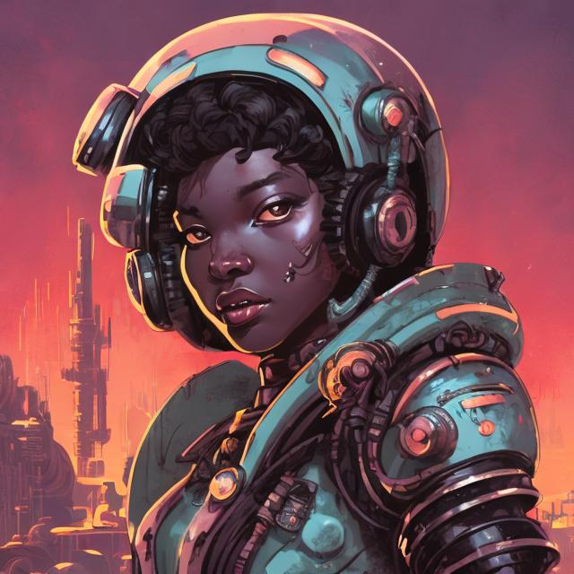 Prompt: Ebony female princess, steam and lava, retro-futurism city factory, Comic style, misc-grunge, heavily detailed, unique universe, concept art, primary color hues, magical world, bright uplifting tones, dynamic lighting, professional, highres, ultra-detailed, retro-futurism, comic style, dynamic lighting, unique concept, misc-grunge, detailed feathers, atmospheric clouds, urban setting