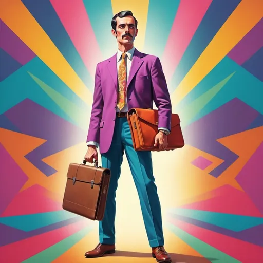 Prompt: Full color illustration, a spanish business man with a briefcase, in the style of 60s kitsch and psychedelia, full body, sharp lighting, highest quality, ultra sharp, ffffound, ultra detailed, magical universe, Dynamic pose, bright and uplifting color hues, misc-geometric