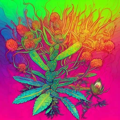 Prompt: Full color illustration, A psychedelic peyote plant, in the style of 60s kitsch and psychedelia, full body, sharp lighting, highest quality, ultra sharp, ffffound, ultra detailed, magical universe, Dynamic pose, bright and uplifting color hues, misc-geometric