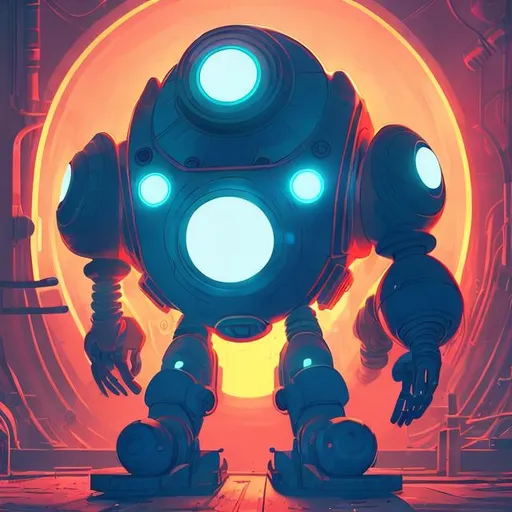 Prompt: a round glowing robot in a retro futurism styled factory, dynamic pose, Comic style, heavily detailed, concept art, unique universe, Primary color hues, magical world, bright uplifting tones, dynamic lighting,

